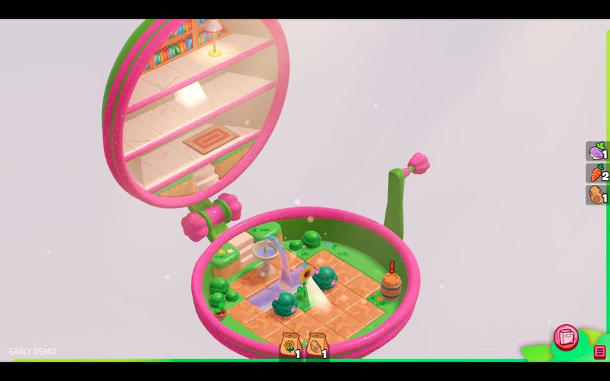 A tiny garden inside a Polly Pocket-style children’s toy in Tiny Garden.