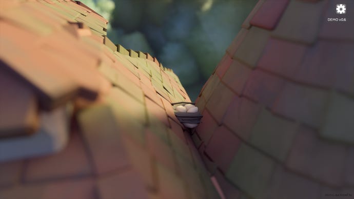 Tiny Glade screenshot featuring a Bird's Nest in between rooftops.