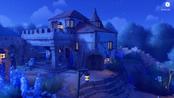 Tiny Glade screenshot featuring a cottage build at night.