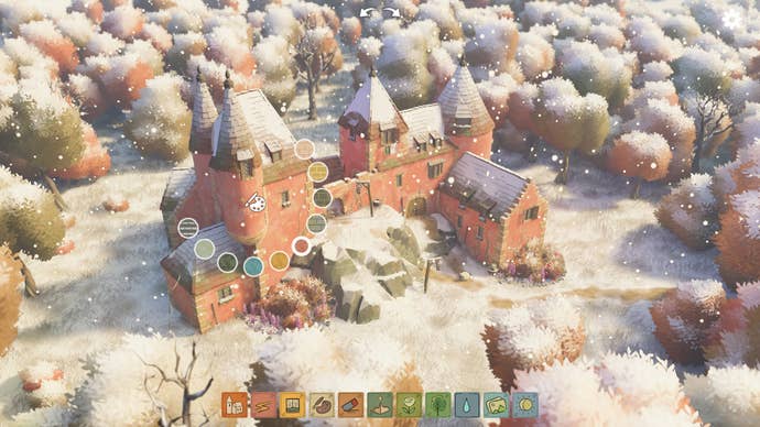 A snowy scene where a manor rises up out of the forest in Tiny Glade