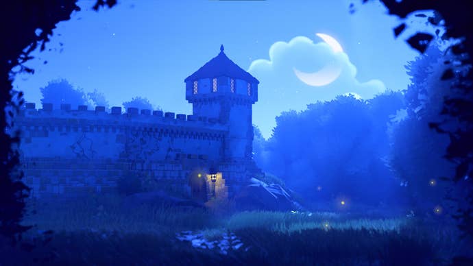 A moonlit scene where a tall tower pierces the sky in a forest in Tiny Glade