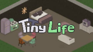 In a pixellated room with no visible walls, a 1970s-inspired furniture set made up of fridge, oven, double bed, dining table and chairs, sofas, a TV on a stand, and a sun-faced wall clock is laid out. The logo for Tiny Life sits over the top of the image.