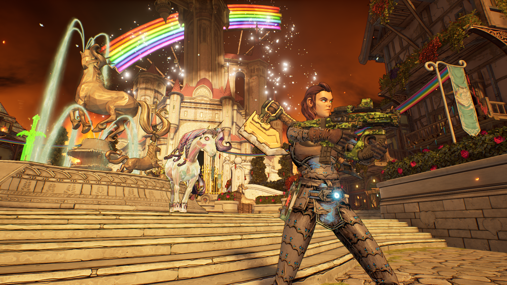 Standing outside Queen Butt Stallion&rsquo;s palace, with the unicorn herself, in Tiny Tina&rsquo;s Wonderlands.