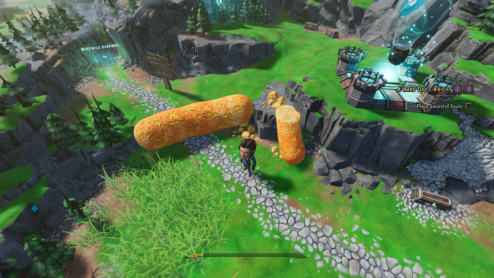 A giant cheese puff blocks the path on the Tiny Tina&rsquo;s Wonderlands overworld.