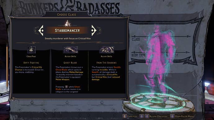 Tiny Tina’s Wonderlands Stabbomancer character miniature in the choose class screen