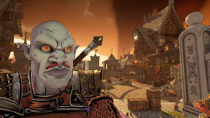 A blue headed goon looks at the camera in Tiny Tina’s Wonderlands