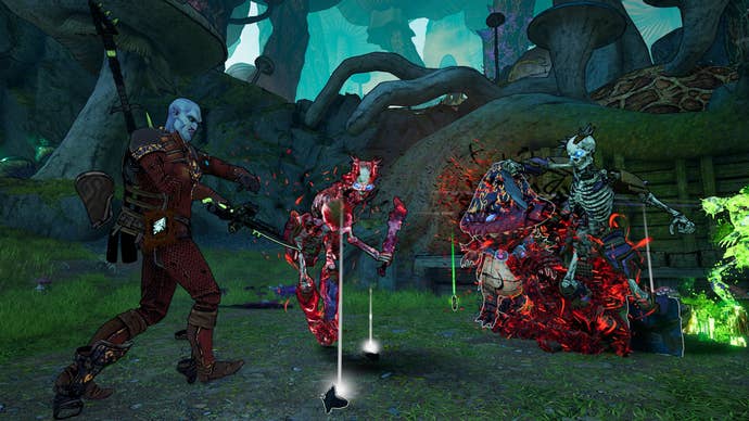 A man with a blue head fights skeletons in a forest in Tiny Tina’s Wonderlands