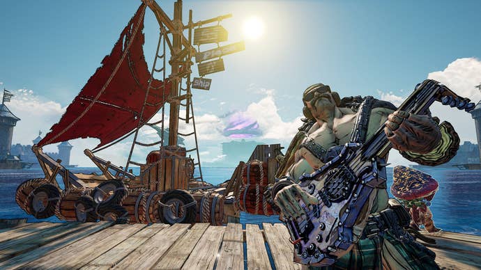 A bearded man strums an electric lute next to a pirate ship in Tiny Tina’s Wonderlands