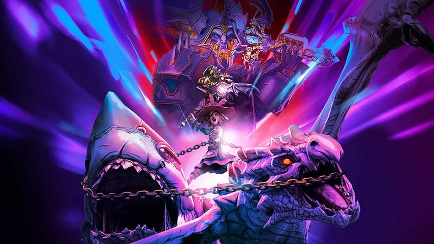 Tiny Tina waterskiis atop a shark and a dragon while an armoured devil looks on, in a promotional image for Tiny Tina’s Wonderlands.
