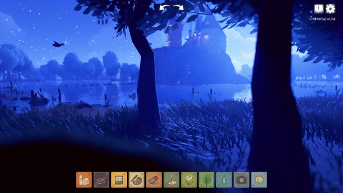 A moody shot of a Tiny Glade castle spied through trees in the middle of the night.