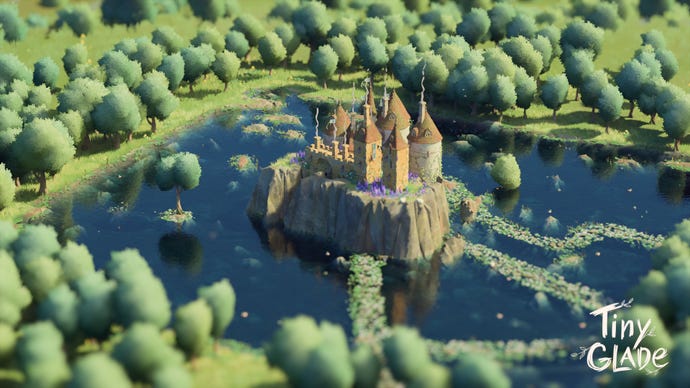A citadel in the middle of a lake in Tiny Glade. A few paths pick routes across the water and the sun is shining.