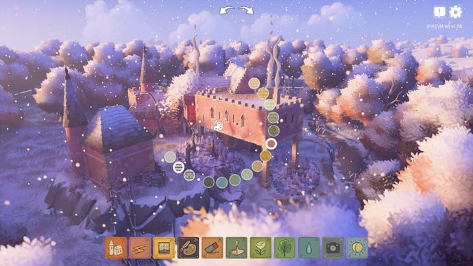 Snow falls on a collection of rather ugly buildings in Tiny Build. A radial menu is showing cladding options.