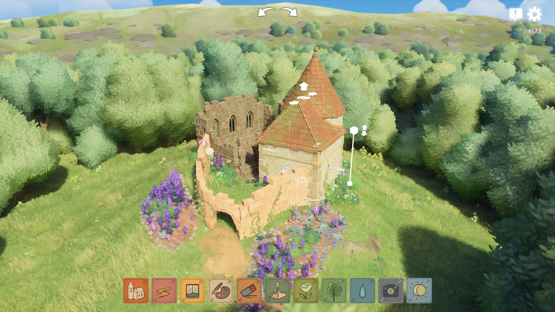 A small turreted house in a field in Tiny Glade. Someone is adjusting the height of the main building. - 5