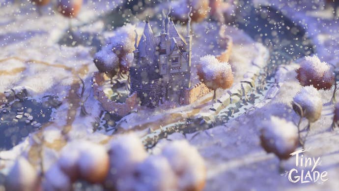 A house with a turret is surrounded by snow and frozen rivers in Tiny Glade.