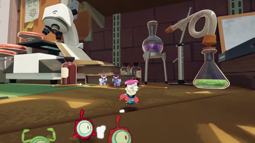 Very small astronaut Milo runs around a very large lab with his tiny alien pals.