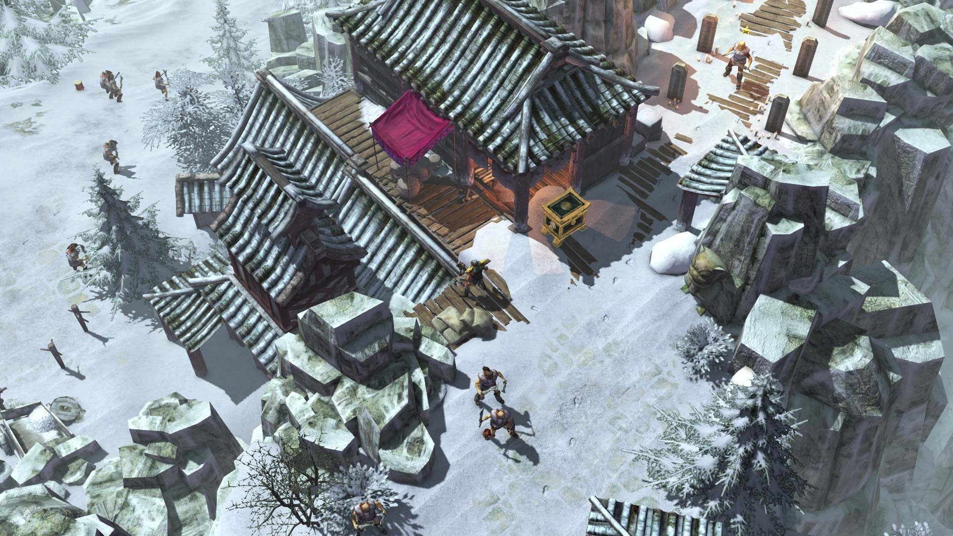 A screenshot of Titan Quest&rsquo;s Eternal Embers expansion showing a Japanese-style building in a snow environment surrounded by beefcakes with swords and impractical sleeveless tops.