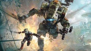 A Titanfall mech and human pilot run along a sloped wall away from a fiery explosion.