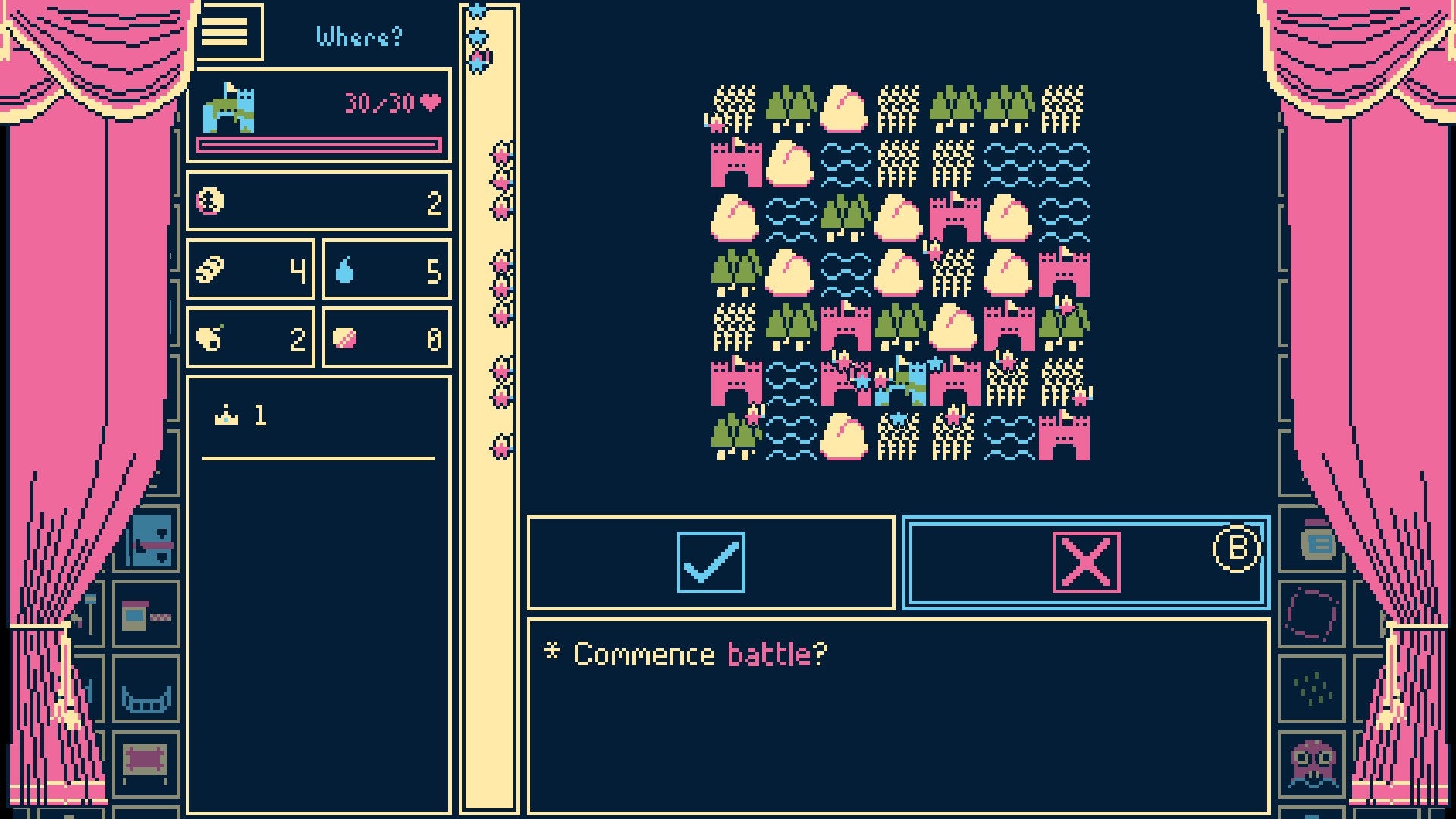 Titanium Court screenshot showing a grid of small icons on a black bacdkground between pink curtains, UI around it
