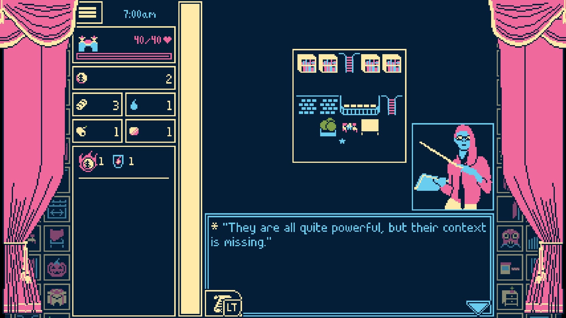 Titanium Court screenshot showing a grid of small icons on a black bacdkground between pink curtains, UI around it and a person pointing with a stick