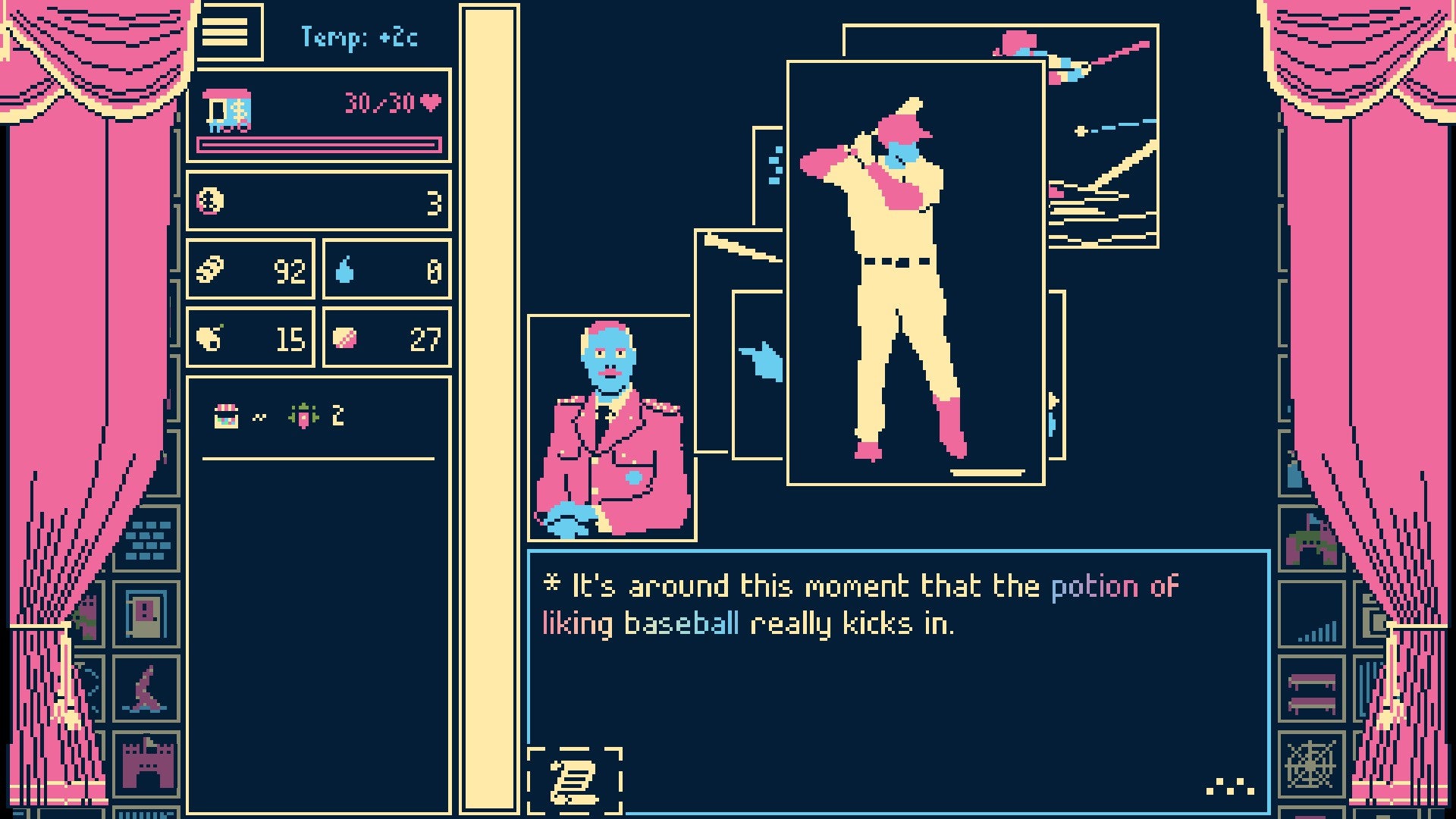 Titanium Court screenshot showing a grid of small icons on a black bacdkground between pink curtains, UI around it and a baseball player overlaid on top