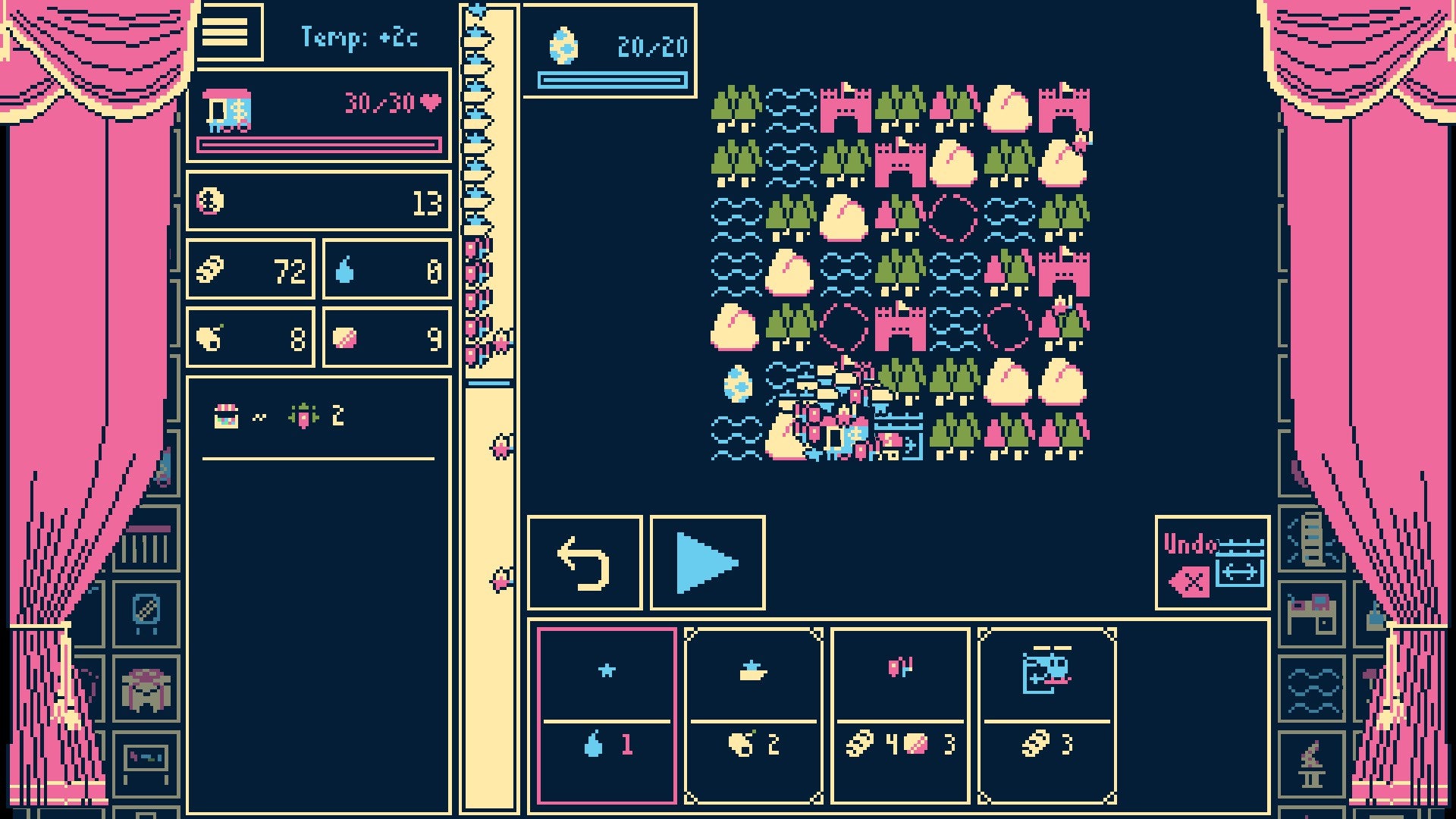 Titanium Court screenshot showing a grid of small icons on a black bacdkground between pink curtains, UI around it