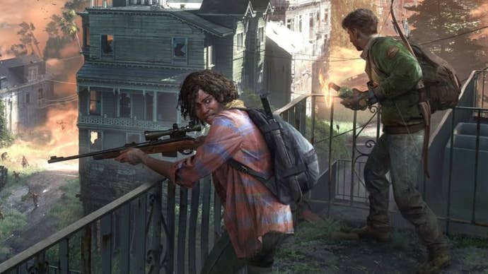 Artwork for The Last of Us Online showing man and woman aiming guns over a balcony