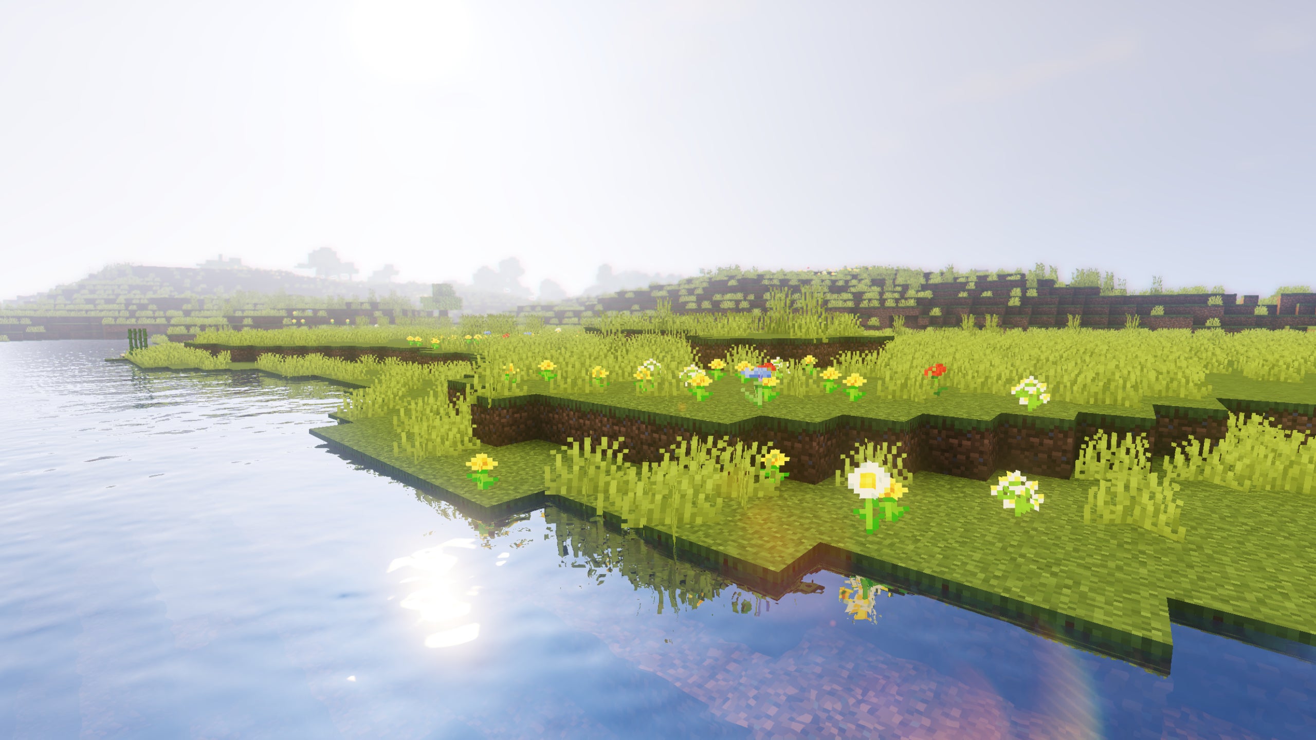 A Minecraft plains biome on the edge of the sea with TME Shaders installed.