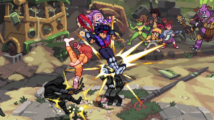 A screenshot showing Dimension Shellshock’s second playable character Karai in action, slamming her feet into an opponent from above while April O’Neil battles alongside her.
