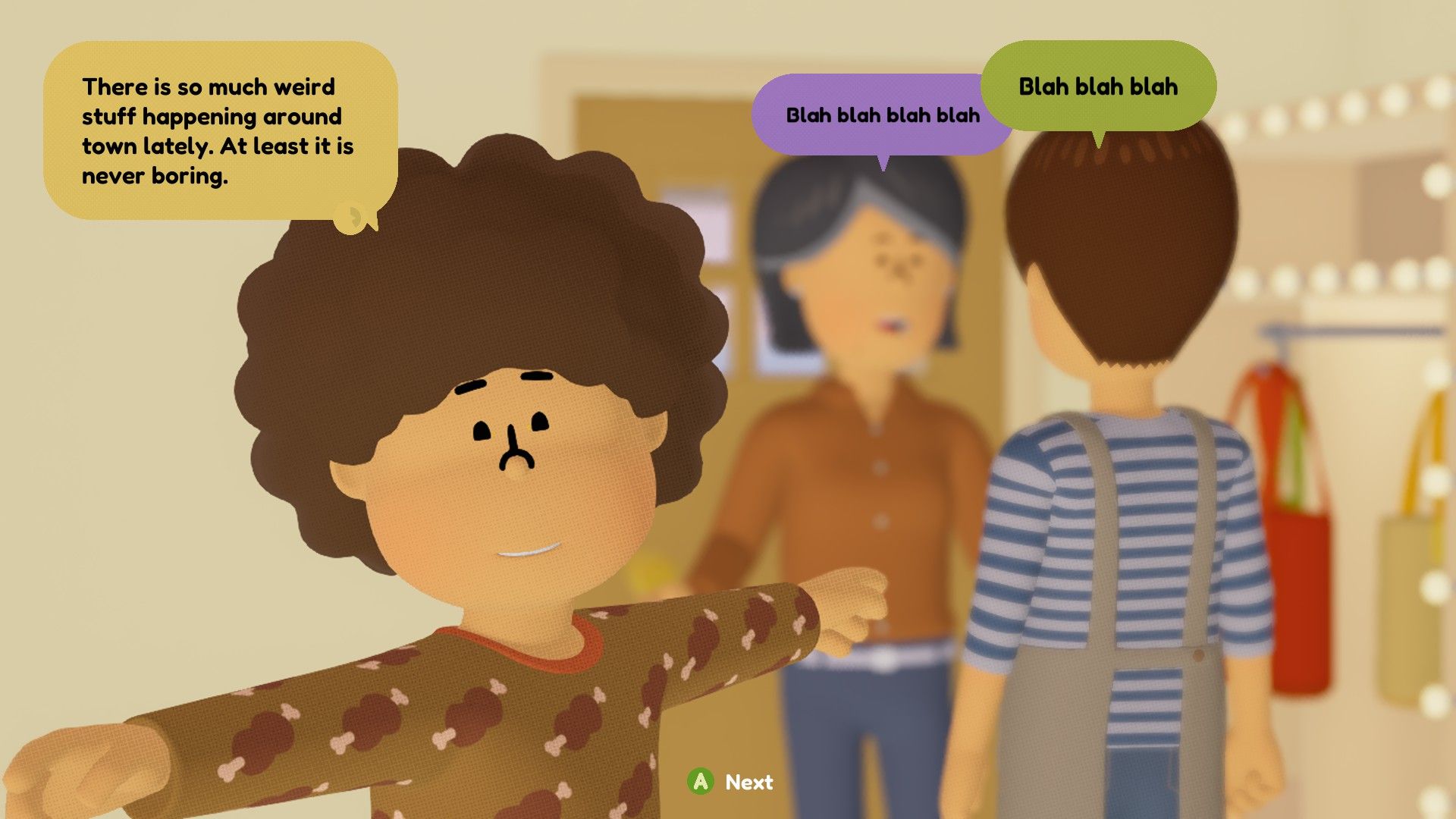 The teen faces the camera and talks to the player as mum chats to aunty. - 10