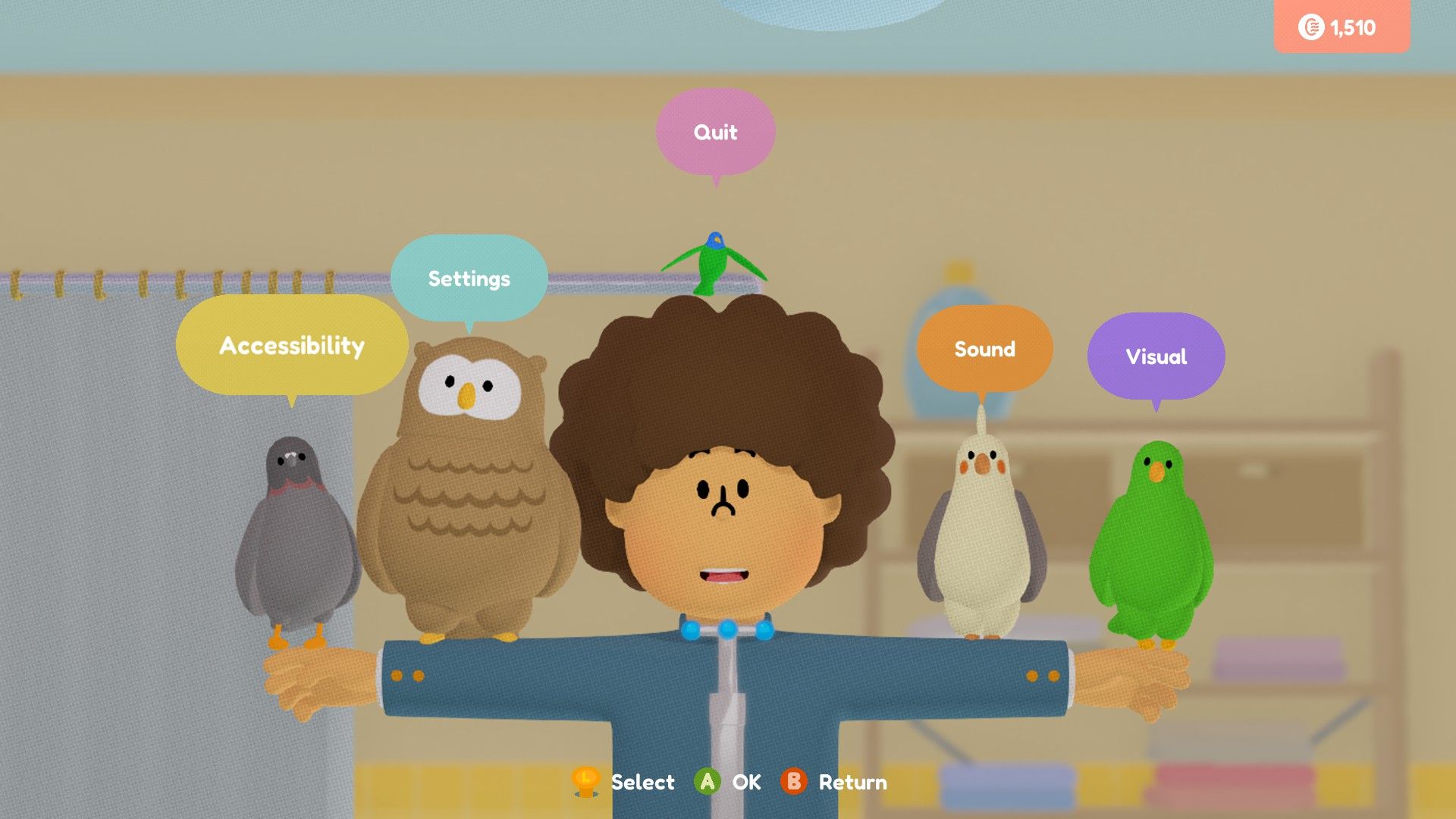 The pause menu shows birds alighting on the teen's arms. - 5