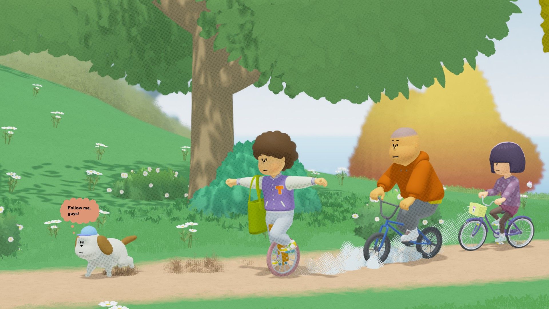 The teen rides a unicycle following their dog, as some friends follow behind. - 4