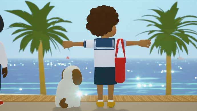 A young person is wearing their school uniform, arms stretched out wide, looking out at the ocean, a dog sat next to them in to a T.