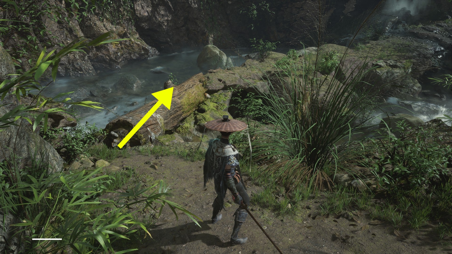 The route to take to find Panda in Wuchang Fallen Feathers, marked via a yellow arrow over a fallen log bridge. - 5