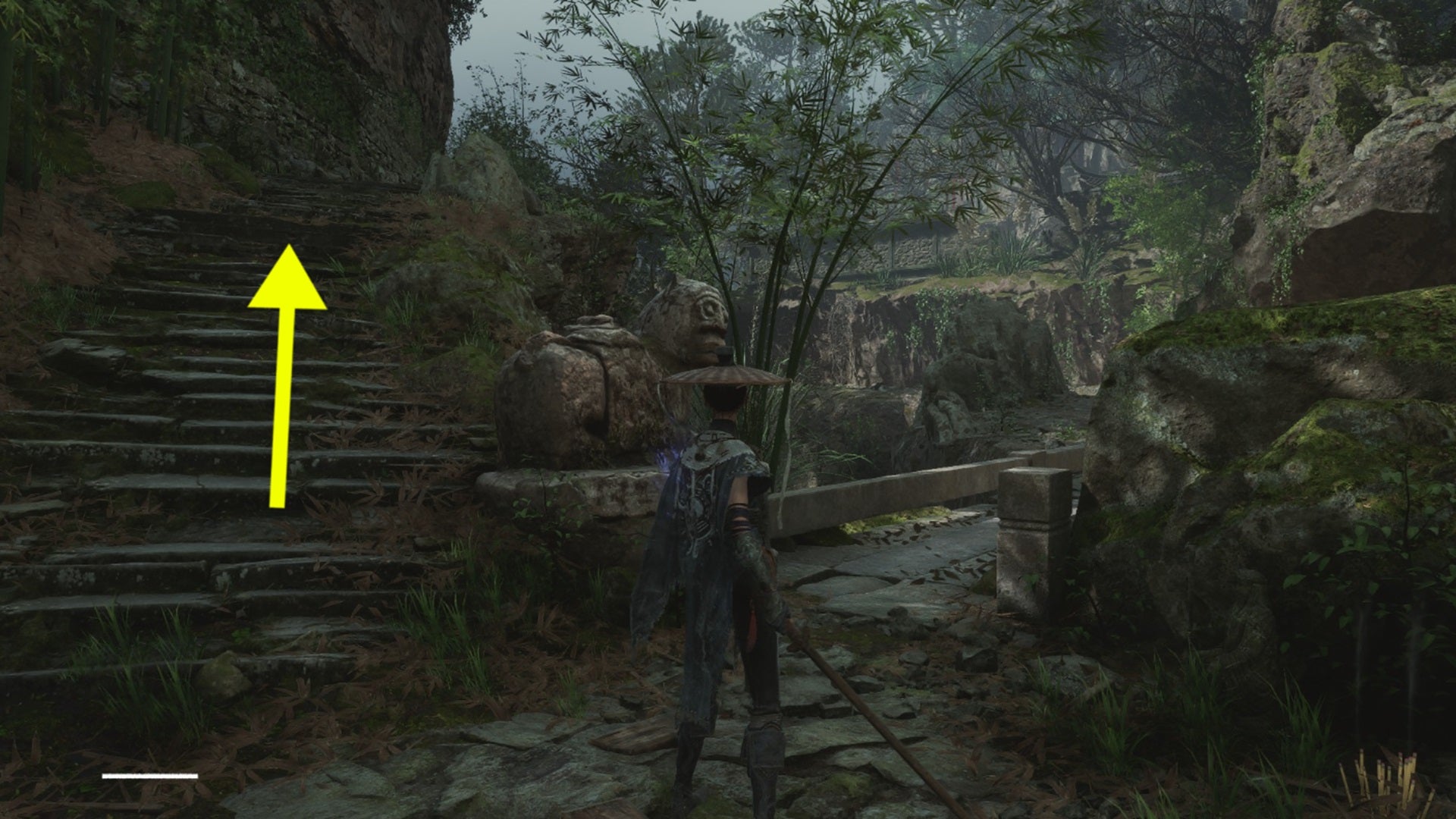 The route to take to find Panda in Wuchang Fallen Feathers, marked via a yellow arrow going up a staircase with a bridge to Wuchang's right. - 8