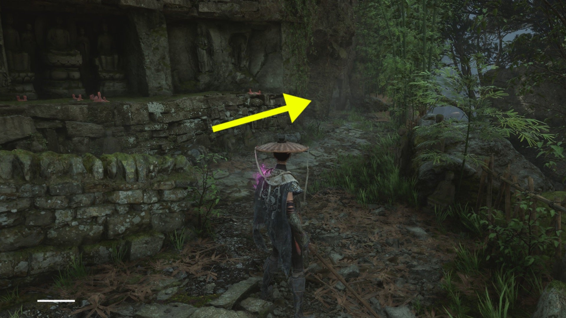 The route to take to find Panda in Wuchang Fallen Feathers, marked via a yellow arrow pointing towards a cave. - 9