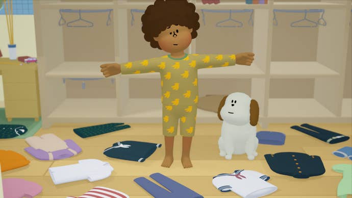 To a T screenshot showing cartoon boy in a t-pose with a dog surrounded by clothes on the floor
