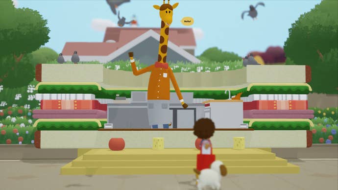 A t-posing teen is talking to a giraffe successful to a T.