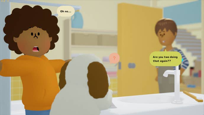 To a T screenshot showing cartoon teen with dog in a bathroom being interrupted by mother