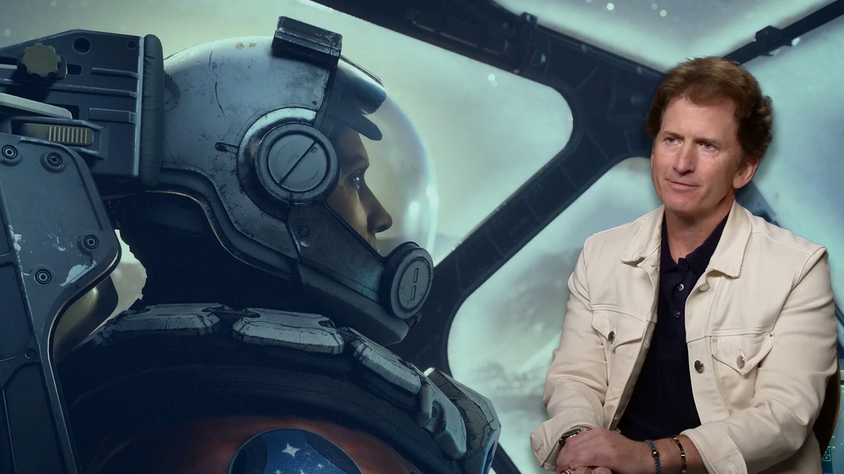 A cut-out of Todd Howard overlaid over a Starfield screenshot that shows a close-up of a pilot in a cockpit. It looks a bit like Howard is sat on the pilot's lap.