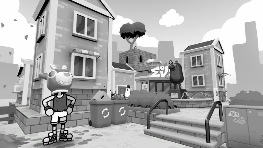The black-and-white world of Toem, showing a small town square.