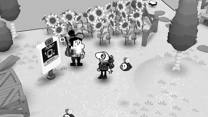 A humanoid, agelong circular nosed carnal is stood adjacent a idiosyncratic and a sunflower tract successful Toem 2.