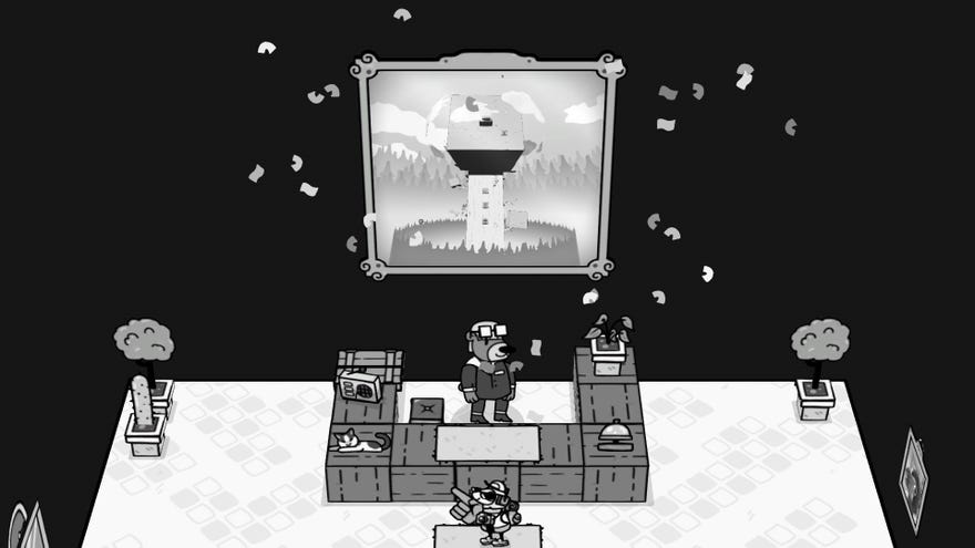 Toem demo - The player character stands in front of a reception desk where a photograph is being unveiled with confetti on the wall behind the bear receptionist.