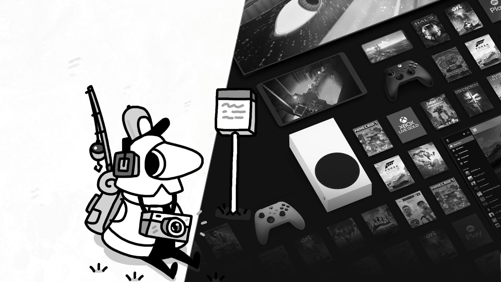 A split image featuring the player character from Toem sitting down on a field and a collection of Xbox hardware and software. A black and white filter has been applied to the whole image. - 1
