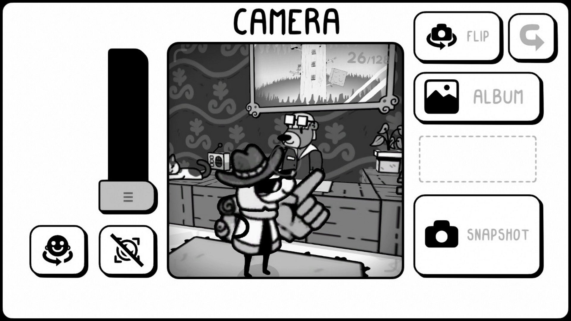 A black and white screenshot of Toem, taken from the camera-eye view – a viewfinder, some buttons, and menu prompts populate the screen. - 3