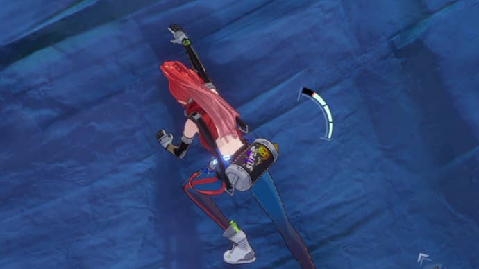 A player character in Tower Of Fantasy climbs a cliff wall at night.