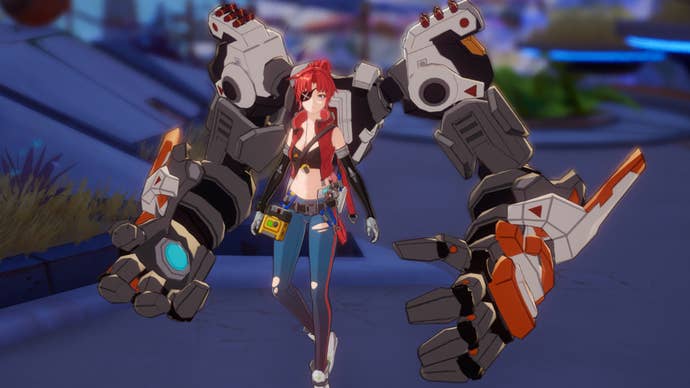 A player character in Tower Of Fantasy activating their Colossus Arm Relic to control two massive mechanical arms affixed to their character’s back.