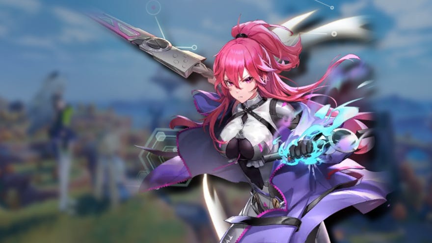 Official art of Frigg, a character in Tower Of Fantasy, against a blurred landscape background.