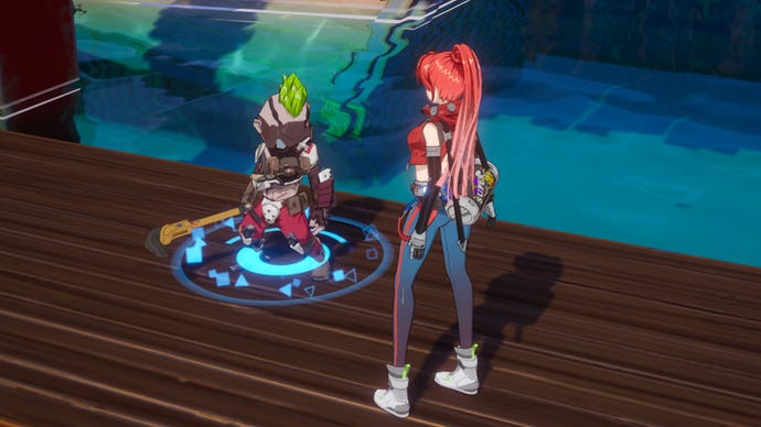 The player character in Tower Of Fantasy stands on the base of an oil rig and converses with a Hyena Guard.