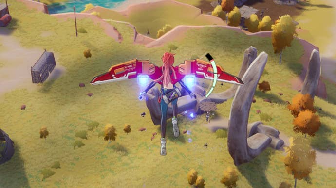 The player in Tower Of Fantasy uses their Jetpack to glide from a high cliff down to the landscape below.