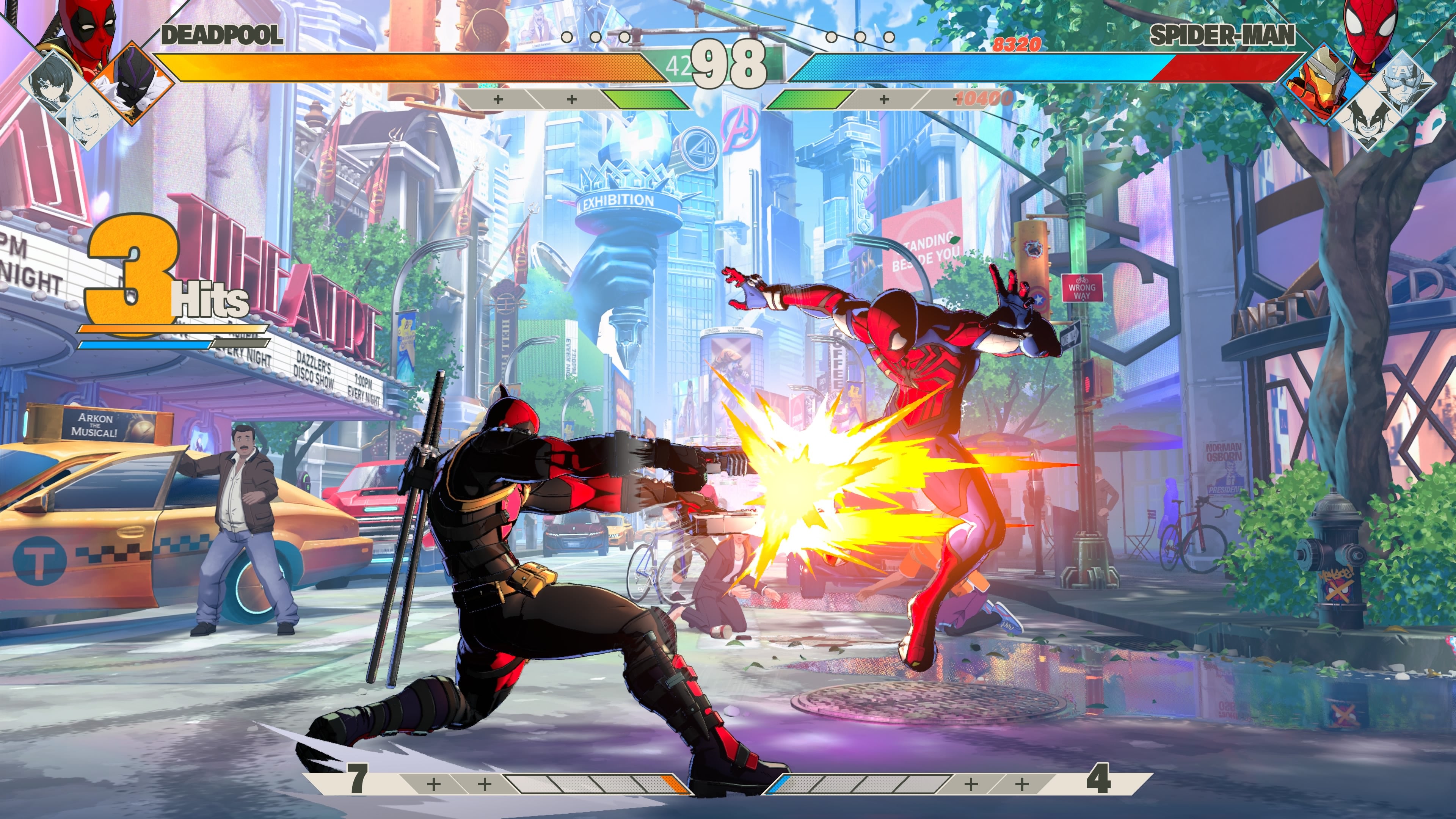Deadpool shooting his pistols at Spider Man in Marvel Tokon.